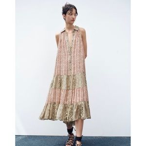 Zara Shiny Metallic Midi Dress in Red and Green Print Size Small